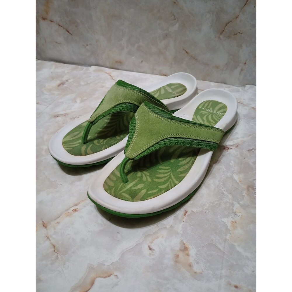 Lands End Flip Flops Women's Size 8 Green Suede Floral